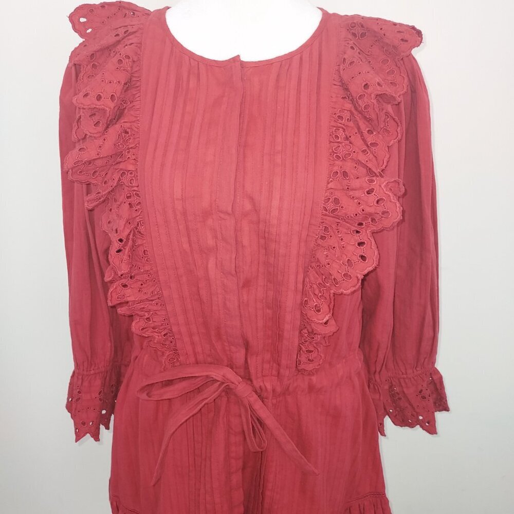Rebecca Taylor La Vie Satin Stripe Dobby Ruffle Eyelet Red Mini Dress Size Sm - Picture 7 of 14